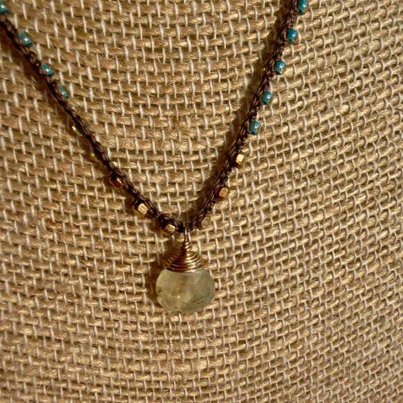 Adella Necklace Chocolate Crocheted Silk Cord with Light Blue and Gold Seed Bead - Picture 3 of 5